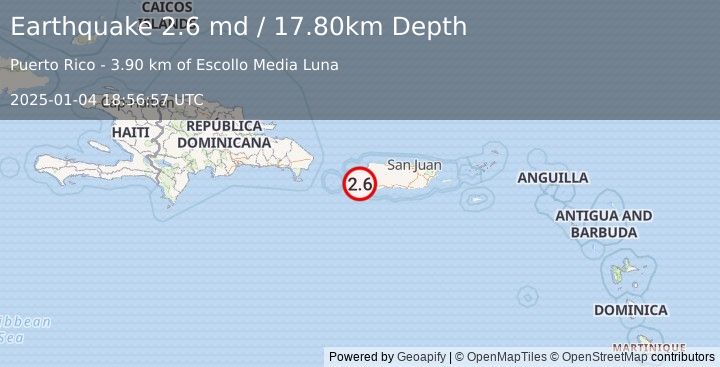 Earthquake MONA PASSAGE, PUERTO RICO (2.6 md) (2025-01-04 18:56:57 UTC)