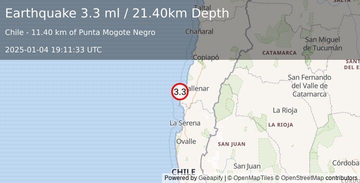 Earthquake OFFSHORE ATACAMA, CHILE (3.3 ml) (2025-01-04 19:11:33 UTC)