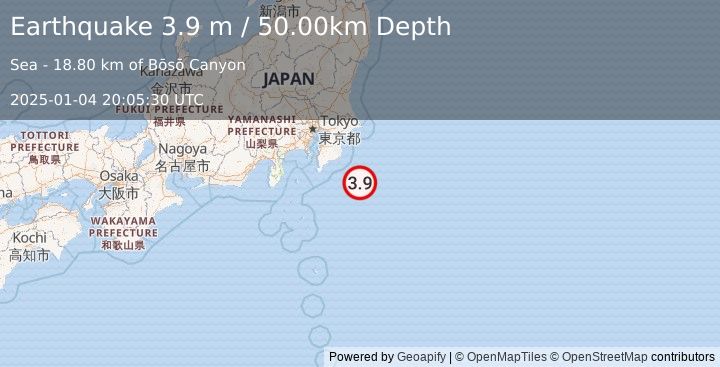 Earthquake NEAR EAST COAST OF HONSHU, JAPAN (3.9 m) (2025-01-04 20:05:30 UTC)