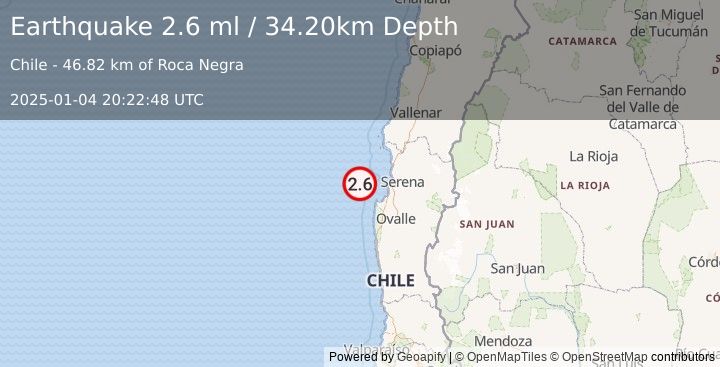 Earthquake OFFSHORE COQUIMBO, CHILE (2.6 ml) (2025-01-04 20:22:48 UTC)