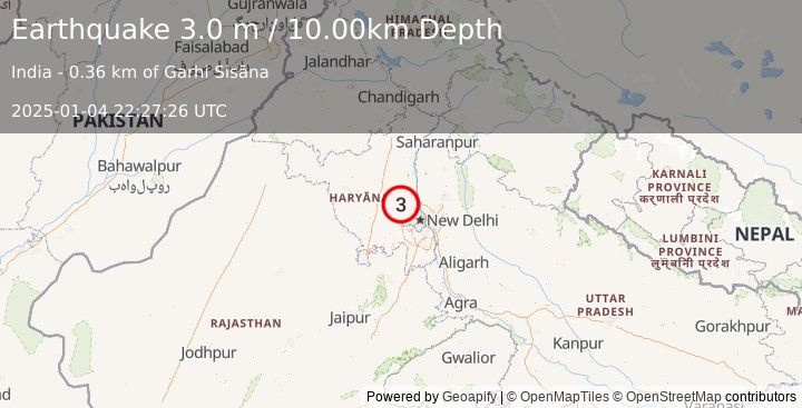 Earthquake HARYANA - DELHI REGION, INDIA (3.0 m) (2025-01-04 22:27:26 UTC)