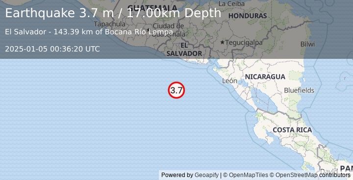 Earthquake OFF THE COAST OF EL SALVADOR (3.7 m) (2025-01-05 00:36:20 UTC)