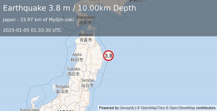 Earthquake NEAR EAST COAST OF HONSHU, JAPAN (3.8 m) (2025-01-05 01:33:30 UTC)