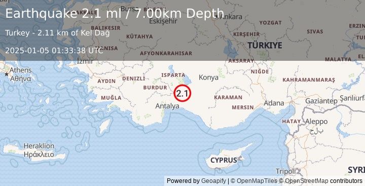 Earthquake WESTERN TURKEY (2.1 ml) (2025-01-05 01:33:38 UTC)