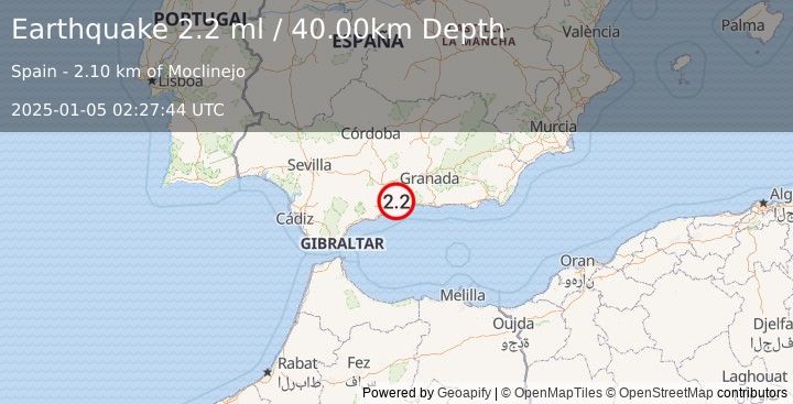 Earthquake STRAIT OF GIBRALTAR (2.2 ml) (2025-01-05 02:27:44 UTC)