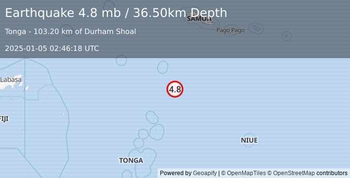 Earthquake TONGA (4.8 mb) (2025-01-05 02:46:18 UTC)