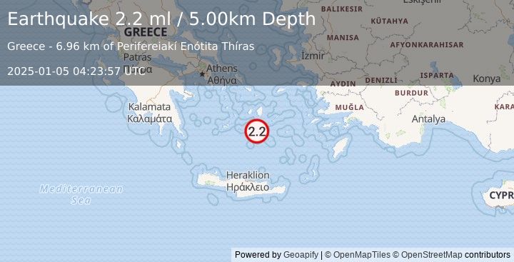 Earthquake DODECANESE ISLANDS, GREECE (2.2 ml) (2025-01-05 04:23:57 UTC)