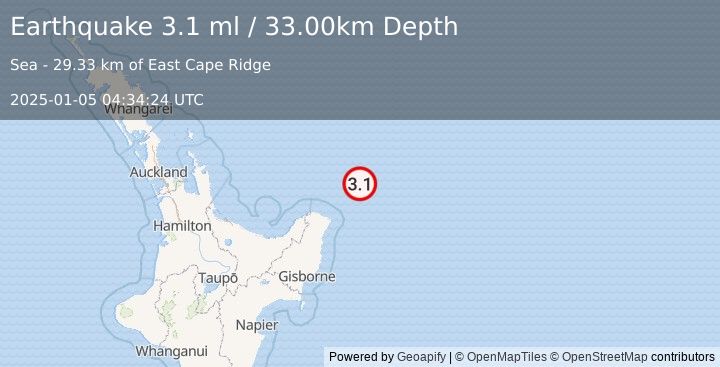 Earthquake OFF E. COAST OF N. ISLAND, N.Z. (3.1 ml) (2025-01-05 04:34:24 UTC)