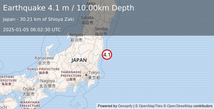 Earthquake NEAR EAST COAST OF HONSHU, JAPAN (4.1 m) (2025-01-05 06:02:30 UTC)