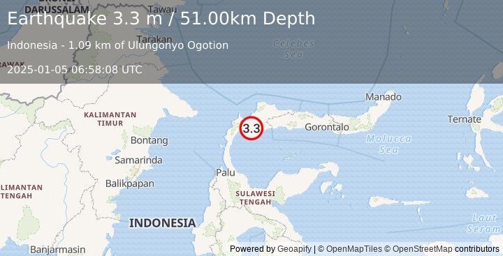 Earthquake MINAHASA, SULAWESI, INDONESIA (3.3 m) (2025-01-05 06:58:08 UTC)