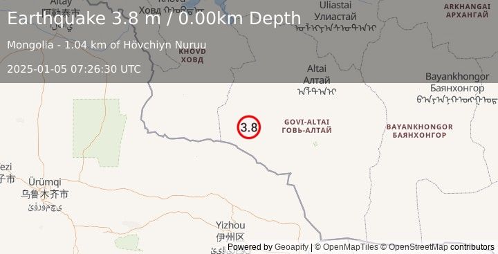 Earthquake WESTERN MONGOLIA (3.8 m) (2025-01-05 07:26:30 UTC)