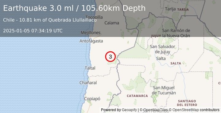 Earthquake ANTOFAGASTA, CHILE (3.0 ml) (2025-01-05 07:34:19 UTC)