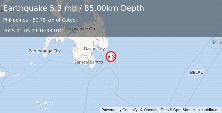 Earthquake MINDANAO, PHILIPPINES (5.1 mw) (2025-01-05 09:16:42 UTC)