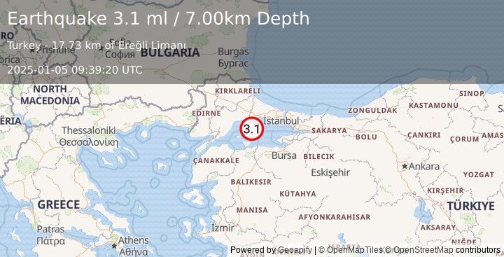 Earthquake WESTERN TURKEY (3.1 ml) (2025-01-05 09:39:20 UTC)