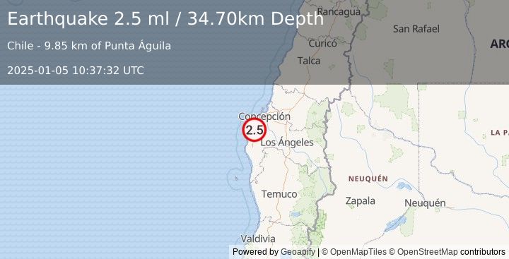 Earthquake OFFSHORE BIO-BIO, CHILE (2.5 ml) (2025-01-05 10:37:32 UTC)