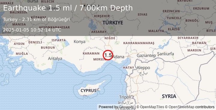 Earthquake CENTRAL TURKEY (1.5 ml) (2025-01-05 10:52:14 UTC)