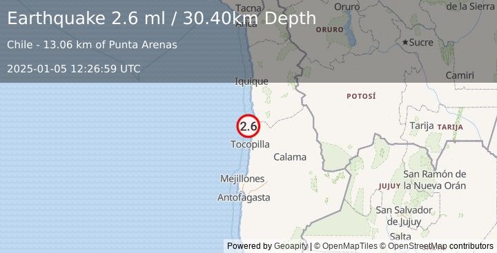 Earthquake OFFSHORE ANTOFAGASTA, CHILE (2.6 ml) (2025-01-05 12:26:59 UTC)