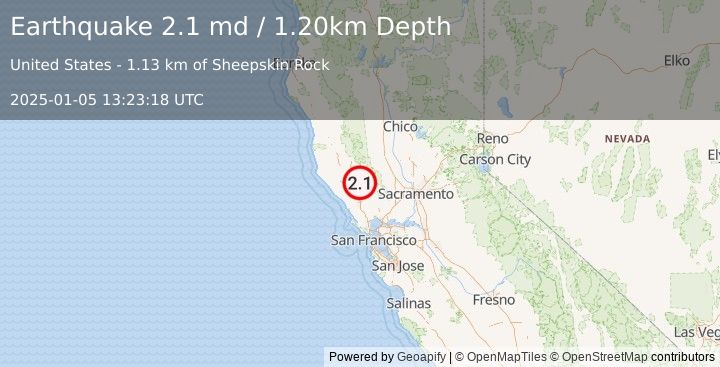 Earthquake NORTHERN CALIFORNIA (2.1 md) (2025-01-05 13:23:18 UTC)