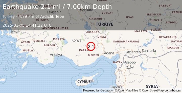 Earthquake CENTRAL TURKEY (2.1 ml) (2025-01-05 14:41:22 UTC)