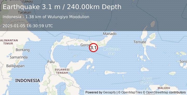 Earthquake MINAHASA, SULAWESI, INDONESIA (3.1 m) (2025-01-05 16:30:59 UTC)