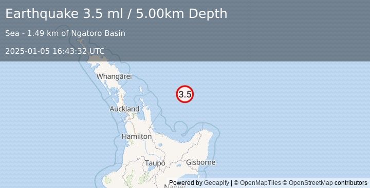 Earthquake OFF E. COAST OF N. ISLAND, N.Z. (3.5 ml) (2025-01-05 16:43:32 UTC)