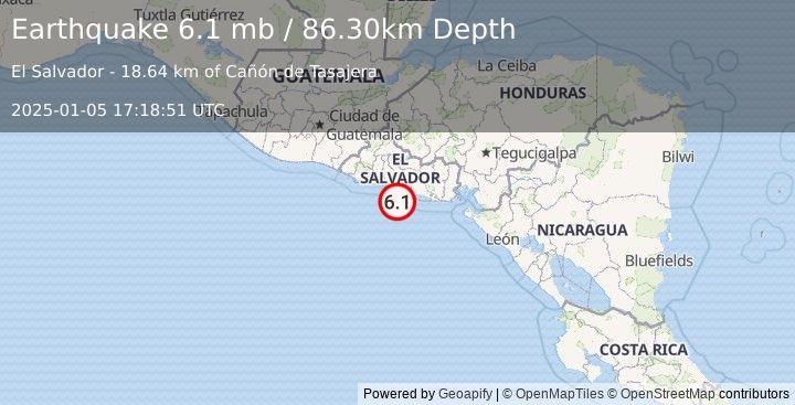 Earthquake OFFSHORE EL SALVADOR (6.1 mb) (2025-01-05 17:18:53 UTC)