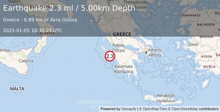 Earthquake SOUTHERN GREECE (2.3 ml) (2025-01-05 18:30:25 UTC)