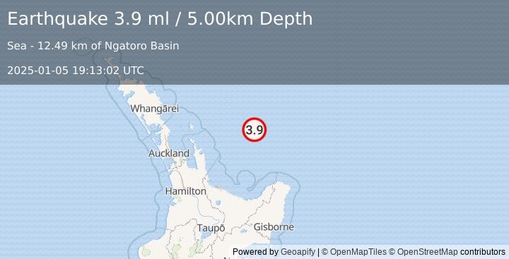 Earthquake OFF E. COAST OF N. ISLAND, N.Z. (3.9 ml) (2025-01-05 19:13:02 UTC)