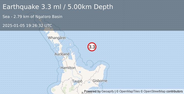 Earthquake OFF E. COAST OF N. ISLAND, N.Z. (3.3 ml) (2025-01-05 19:26:32 UTC)