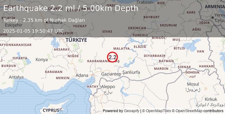 Earthquake CENTRAL TURKEY (2.2 ml) (2025-01-05 19:50:48 UTC)