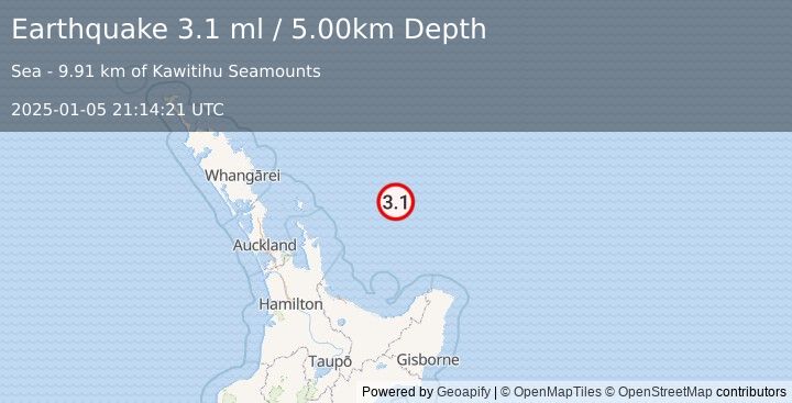 Earthquake OFF E. COAST OF N. ISLAND, N.Z. (3.1 ml) (2025-01-05 21:14:21 UTC)