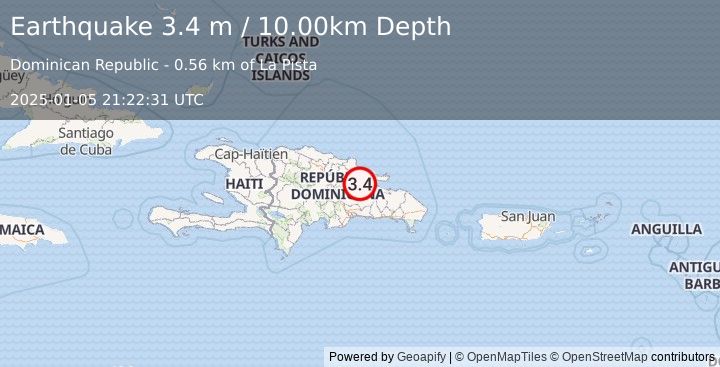 Earthquake DOMINICAN REPUBLIC (3.4 m) (2025-01-05 21:22:31 UTC)