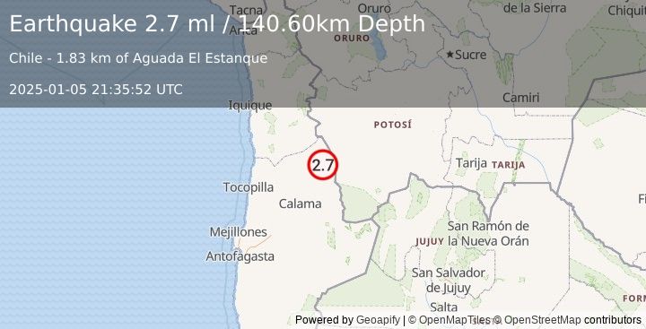 Earthquake ANTOFAGASTA, CHILE (2.7 ml) (2025-01-05 21:35:52 UTC)