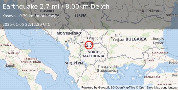 Earthquake KOSOVO-SERBIA-N MAC. BORDER REG. (2.7 ml) (2025-01-05 22:12:29 UTC)