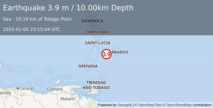 Earthquake BARBADOS REGION, WINDWARD ISL. (3.9 m) (2025-01-05 23:15:04 UTC)