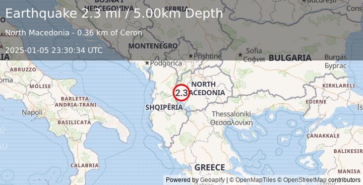 Earthquake REPUBLIC OF NORTH MACEDONIA (2.3 ml) (2025-01-05 23:30:34 UTC)