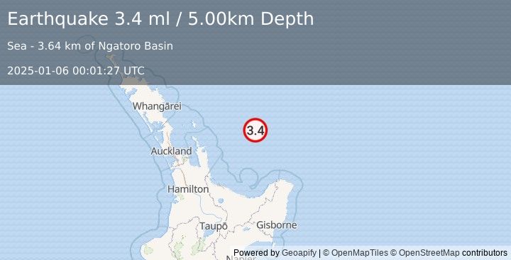 Earthquake OFF E. COAST OF N. ISLAND, N.Z. (3.4 ml) (2025-01-06 00:01:27 UTC)