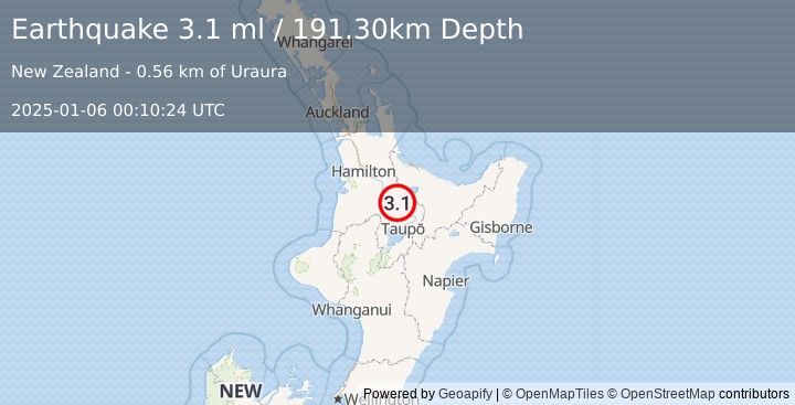 Earthquake NORTH ISLAND OF NEW ZEALAND (3.1 ml) (2025-01-06 00:10:24 UTC)