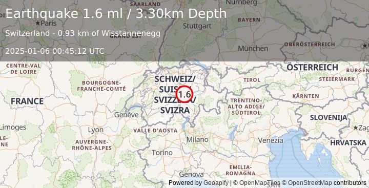 Earthquake SWITZERLAND (1.6 ml) (2025-01-06 00:45:12 UTC)