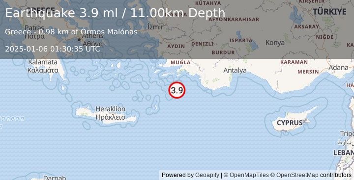 Earthquake DODECANESE IS.-TURKEY BORDER REG (3.9 ml) (2025-01-06 01:30:35 UTC)