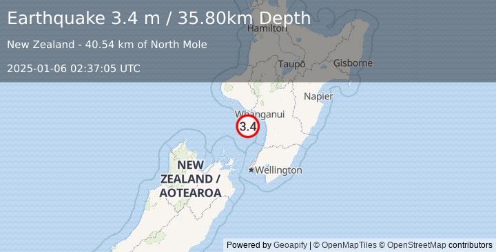 Earthquake COOK STRAIT, NEW ZEALAND (3.4 m) (2025-01-06 02:37:05 UTC)