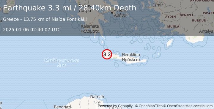 Earthquake CRETE, GREECE (3.3 ml) (2025-01-06 02:40:07 UTC)