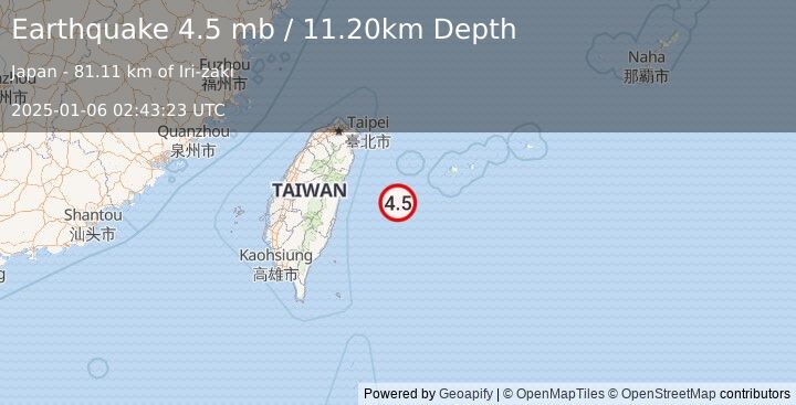 Earthquake TAIWAN REGION (4.5 mb) (2025-01-06 02:43:23 UTC)