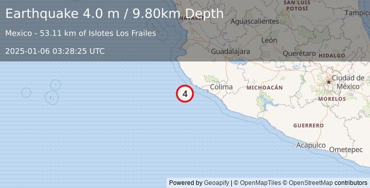 Earthquake OFFSHORE JALISCO, MEXICO (4.0 m) (2025-01-06 03:28:25 UTC)