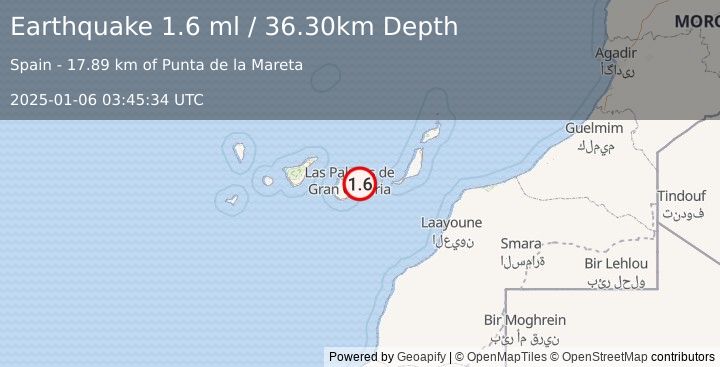 Earthquake CANARY ISLANDS, SPAIN REGION (1.6 ml) (2025-01-06 03:45:34 UTC)