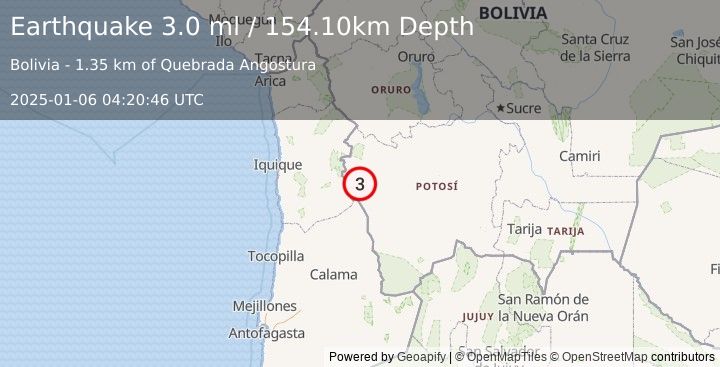 Earthquake POTOSI, BOLIVIA (3.0 ml) (2025-01-06 04:20:46 UTC)