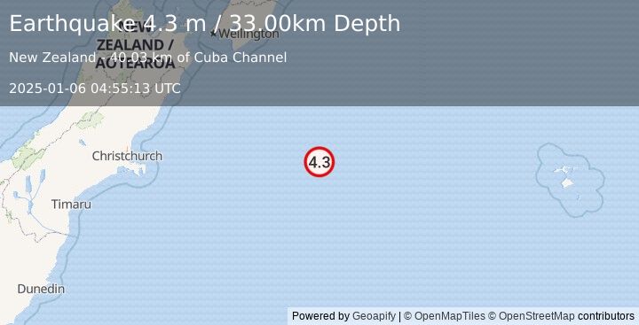 Earthquake OFF E. COAST OF S. ISLAND, N.Z. (4.3 m) (2025-01-06 04:55:13 UTC)