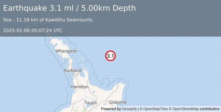 Earthquake OFF E. COAST OF N. ISLAND, N.Z. (3.1 ml) (2025-01-06 05:07:24 UTC)