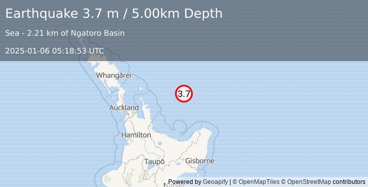 Earthquake OFF E. COAST OF N. ISLAND, N.Z. (3.7 m) (2025-01-06 05:18:53 UTC)