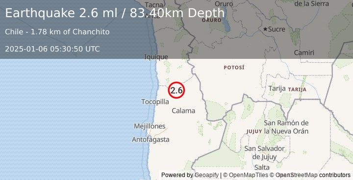 Earthquake ANTOFAGASTA, CHILE (2.6 ml) (2025-01-06 05:30:50 UTC)